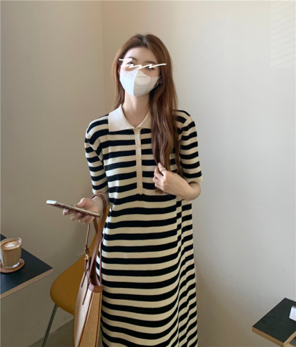 Actual shot Spring~Contrast color striped Polo collar short-sleeved dress for women, loose slimming mid-length skirt