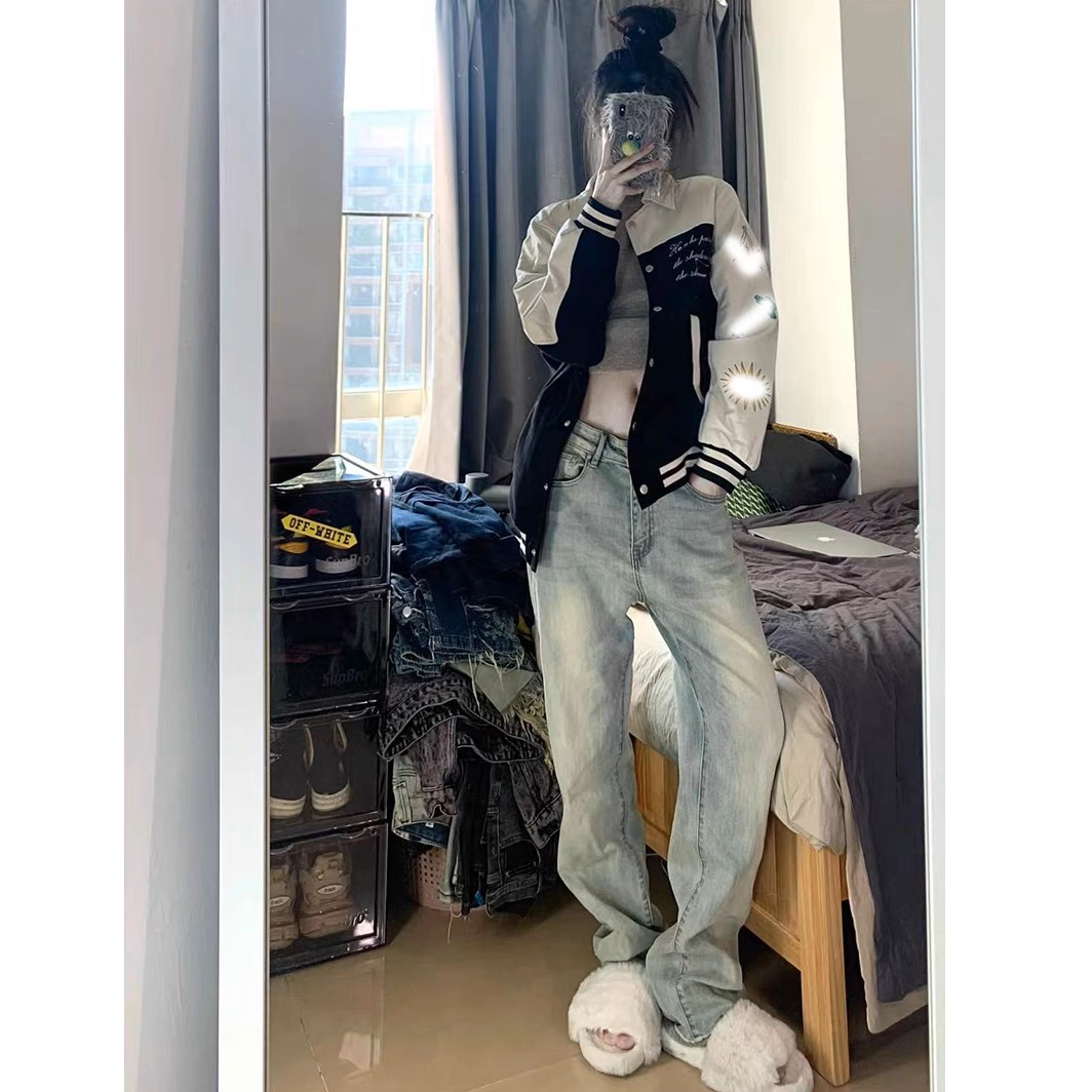 美式復古高街黃泥色直筒牛仔褲女高腰顯瘦寬鬆水洗做舊拖地長褲