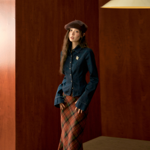 7Shiftin original design retro slim denim shirt autumn and winter new dark blue long-sleeved shirt for women
