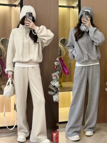 Sweatshirt suit for women autumn and winter  new European high-end fashion casual wide-leg pants plus velvet sports two-piece set