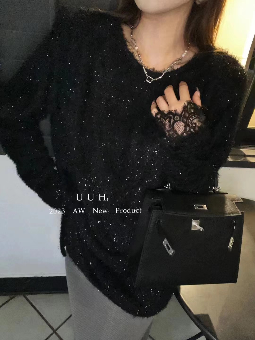 高級感超好看閃閃黑色毛衣女寬鬆慵懶風早春2024新款中長款上衣