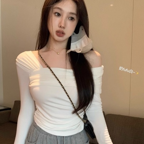 Pure Desire Sexy Hot Girl Long Sleeve Top Women's Autumn New Korean Style Slant Collar One Shoulder Slim T-shirt