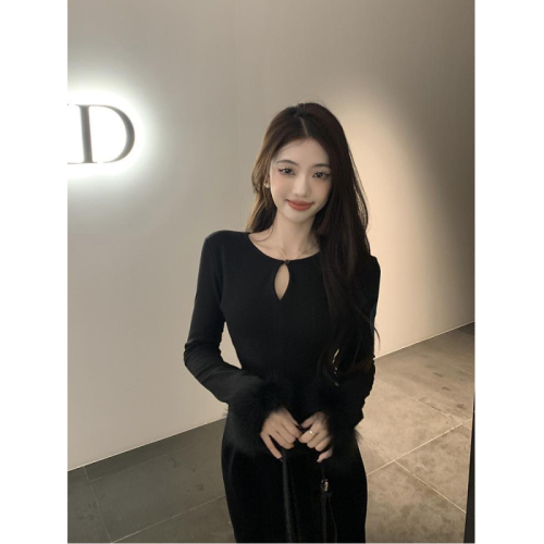 DeRong hollow brushed plus velvet T-shirt for women winter new style slim short long-sleeved inner wear