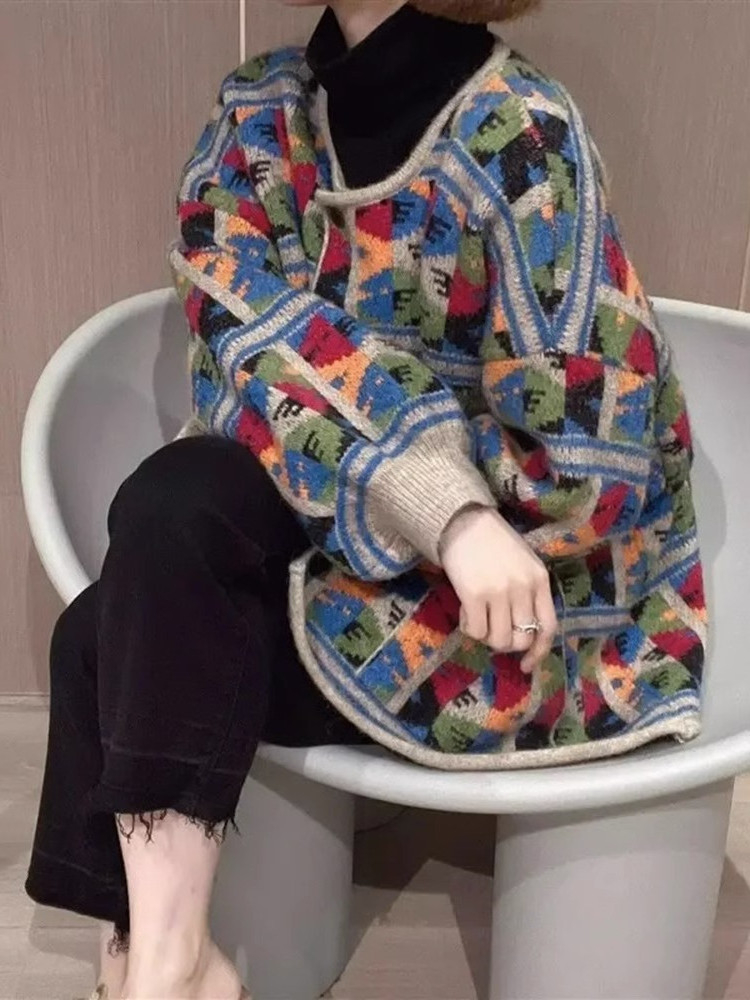 撞色針織毛衣外套女高品質韓版秋冬復古提花寬鬆毛針織開衫女