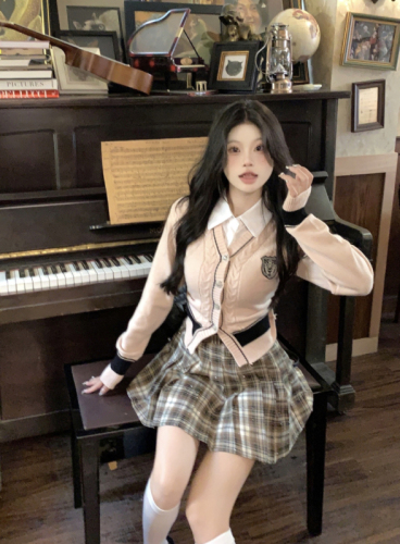 实拍 韩版学院风假两件V领短款长袖针织衫高腰亮片格子裙套装