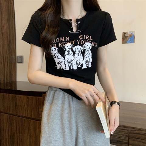 Shipped ribbed Hong Kong style irregular cartoon print t-shirt for hot girls short black