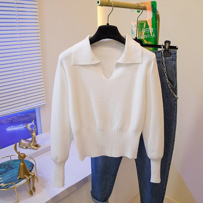 Korean style gray polo neck knitted bottoming shirt for women in autumn and winter small design V-neck sweater inner top
