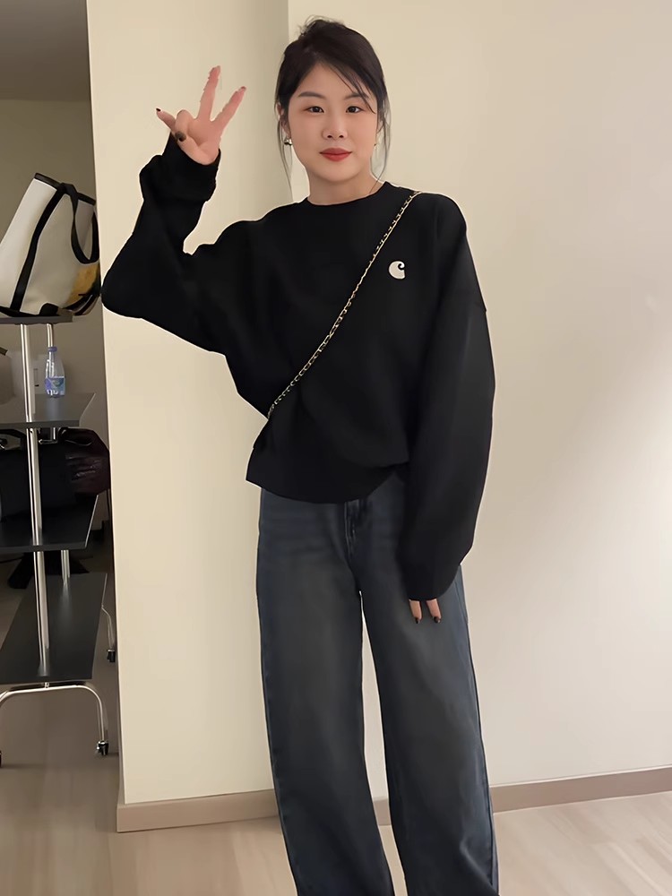 2024秋季黑色圓領長袖衛衣女秋冬款慵懶風韓系流行上衣女