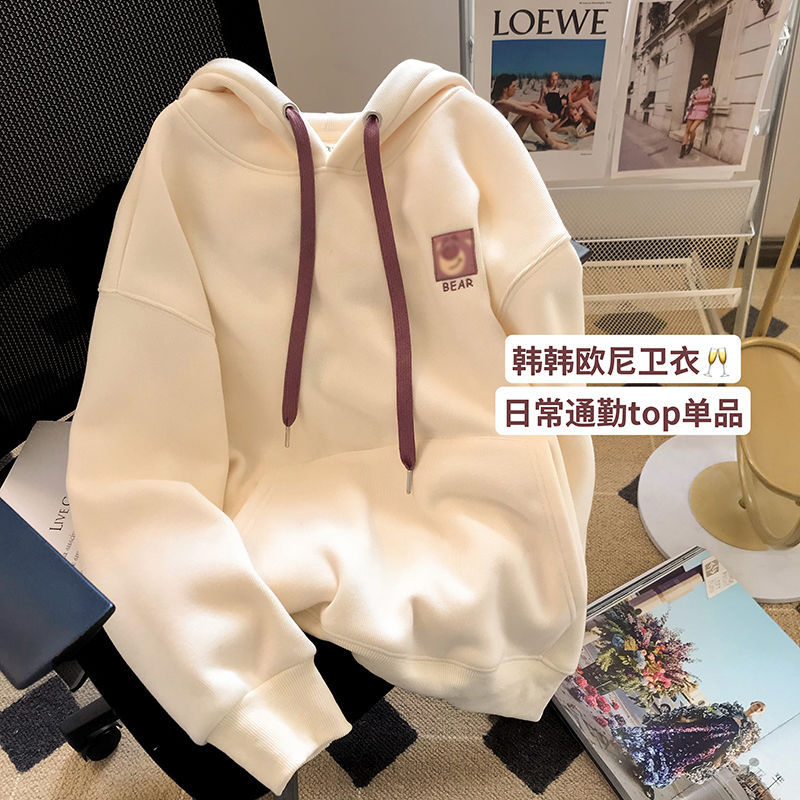 包肩領 春秋連帽刺繡小熊衛衣 華棉薄款/加絨款
