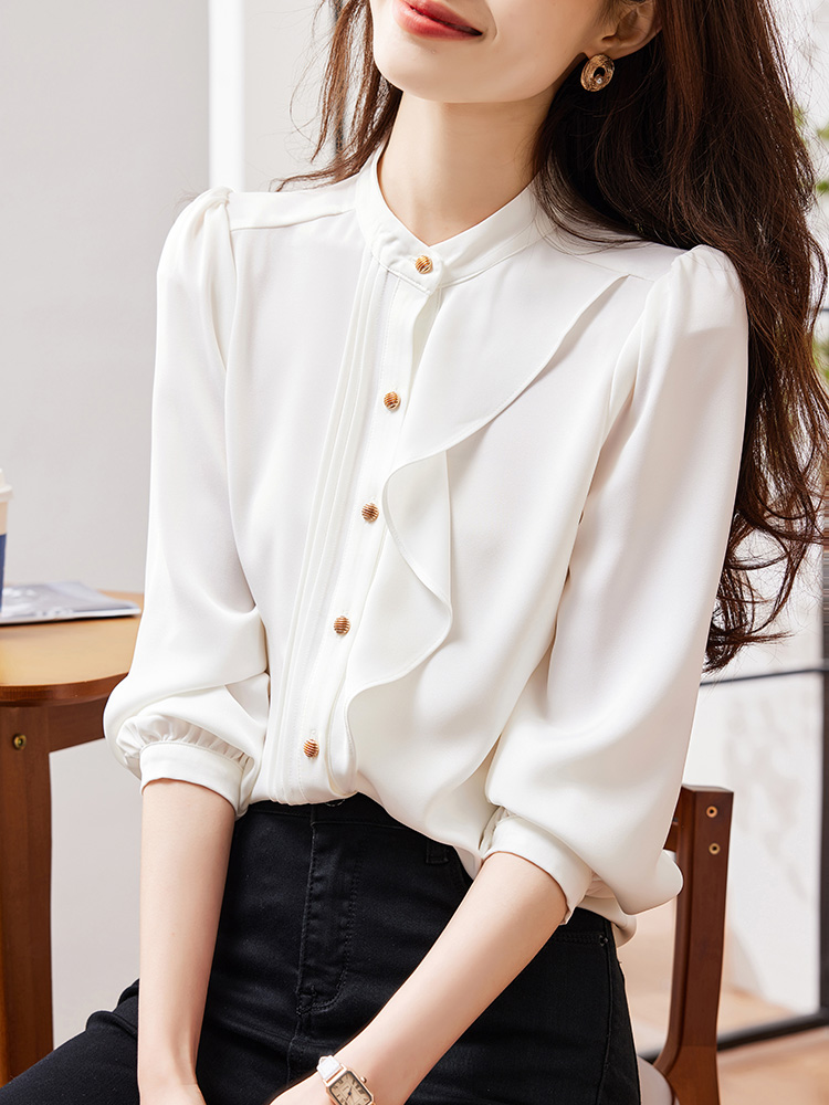 2024 New Spring Design Ruffled Round Neck Tops Fashionable and Western-style Professional Shirts for Women