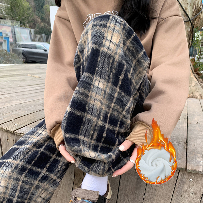 Velvet and thickened retro plaid woolen wide-leg pants, straight-leg pants, women's winter floor-length pants, long pants