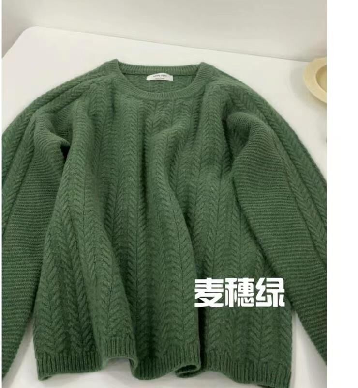 秋冬新款日系古着綠色麻花慵懶毛衣女法式寬鬆套頭加厚針織衫上衣
