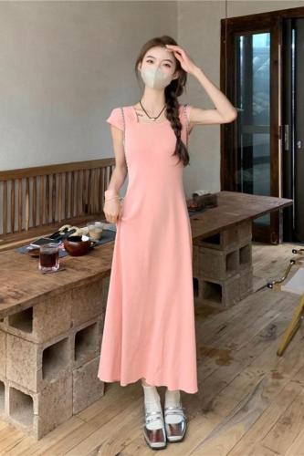 Real shot Spring~Solid color French minimalist style dress for women, gentle square collar, slimming waist, long skirt