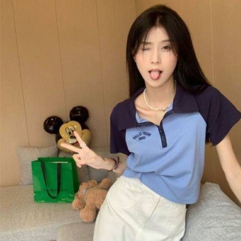 polo衫女夏季2023新款美式復古字母繡花撞色修身短款短袖T恤