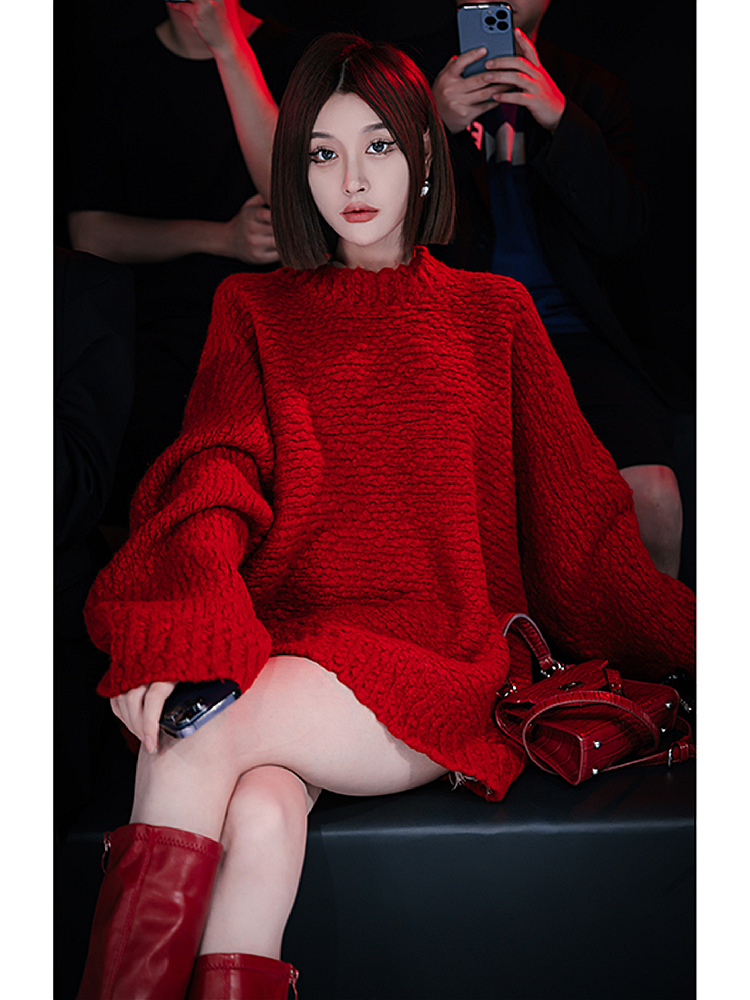 女士慵懶風套頭寬鬆紅色毛衣女秋冬2023新款高級感中長款上衣