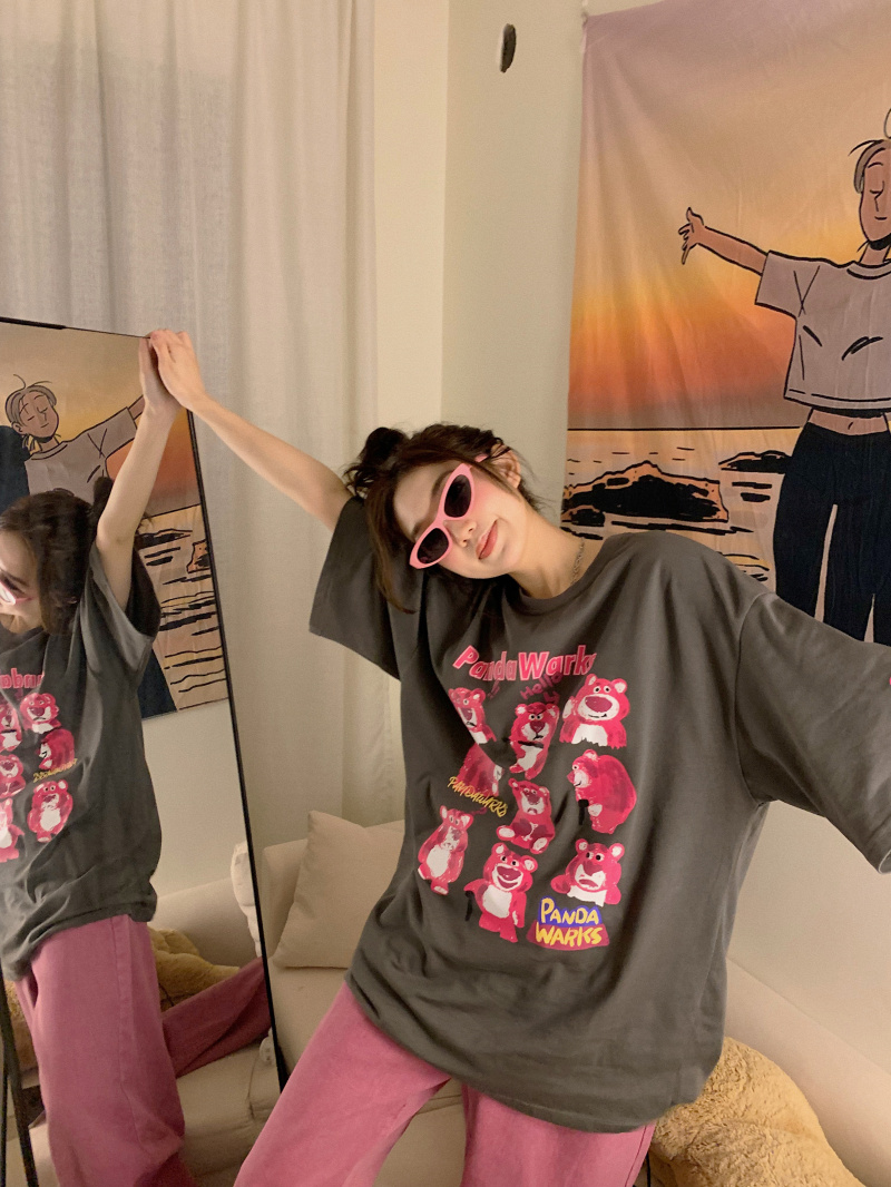 後包領純棉復古小熊卡通印花短袖T恤女夏季美式寬鬆圓領打底衫衣