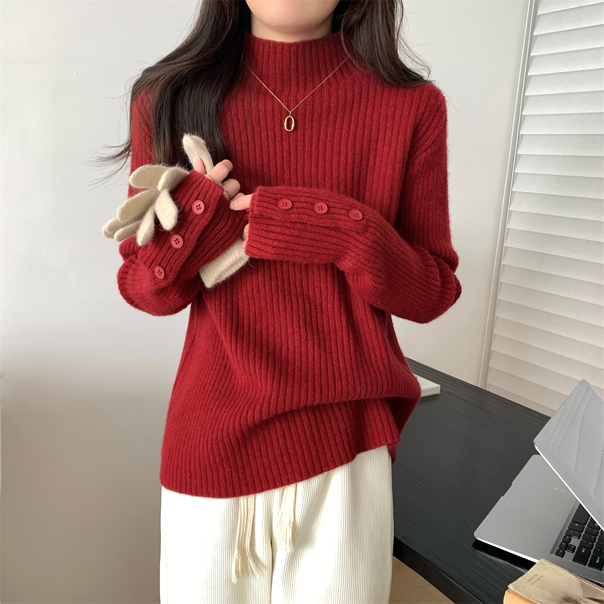 實拍 秋冬韓版寬鬆半高領紐扣內搭北極絨百搭針織打底衫毛衣