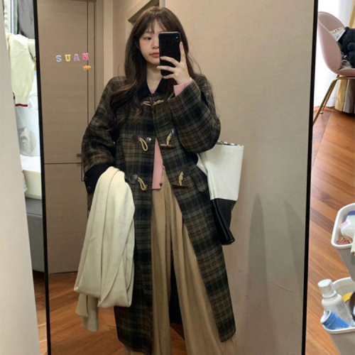 Horn button Korean style coat for women mid-length 2023 autumn and winter new style loose and small thickened plaid woolen coat