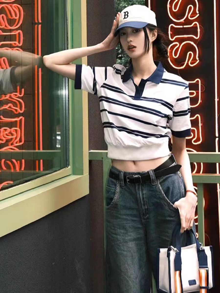 復古條紋Polo領正肩短袖T恤女夏季辣妹短上衣設計感小眾修身小衫