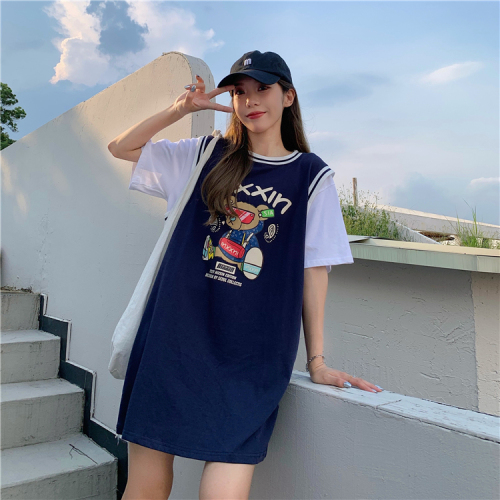 Fake two-piece short-sleeved T-shirt summer Korean version  new loose mid-length bear print large size BF ball