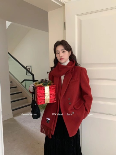 IVY high-end thickened woolen suit jacket with scarf for women winter Korean style loose woolen coat trendy