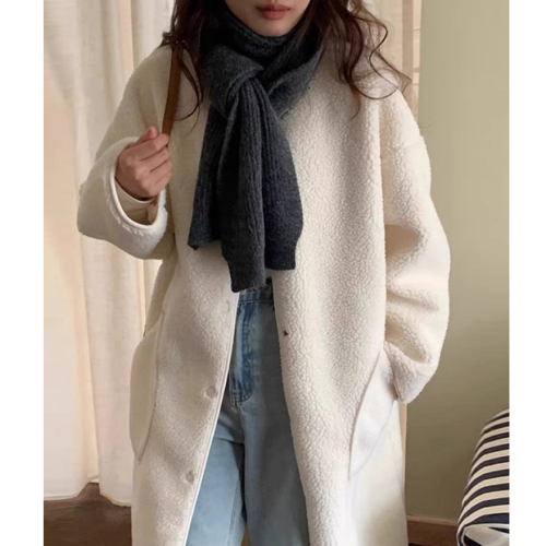 Korean chic autumn and winter simple lazy style single-breasted loose casual long-sleeved sherpa warm coat jacket for women