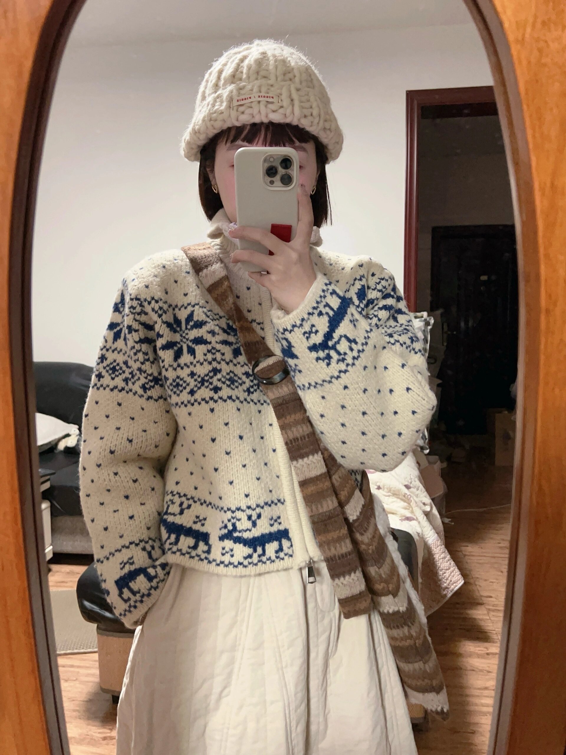 冬季雪花提花重工毛衣女杏色立領古着重工拉鏈撞色高級感開衫外套
