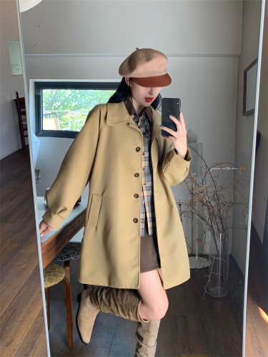 Actual shot of new autumn and winter Korean style casual mid-length loose khaki windbreaker jacket for women