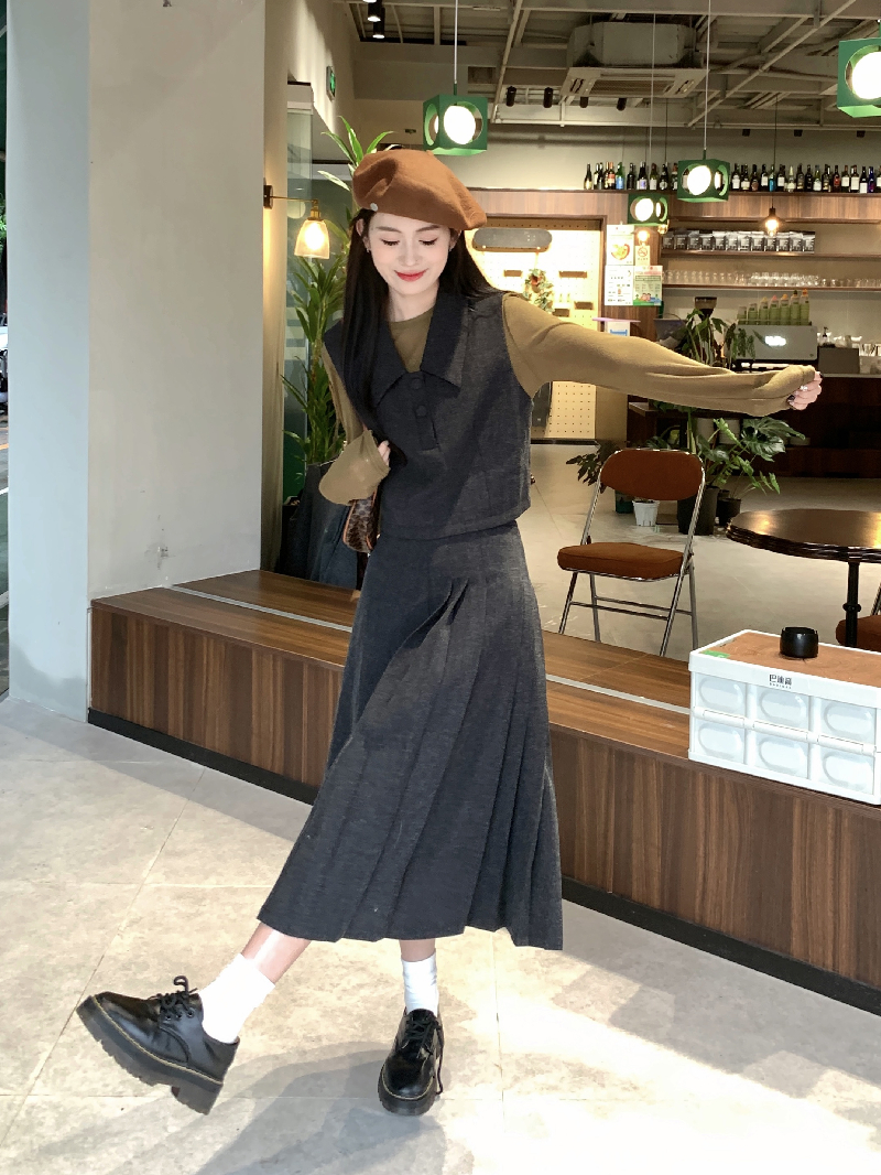 實拍 韓版馬甲打底衫穿搭套裝半身裙小個子學院風上衣女