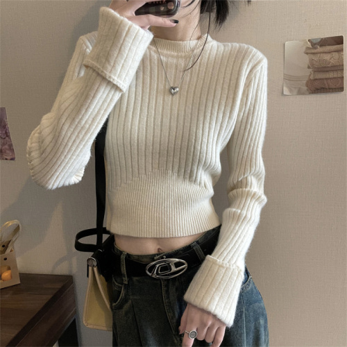 Real shot French round neck long-sleeved sweater for women autumn and winter pure desire knitted bottoming shirt thickened top