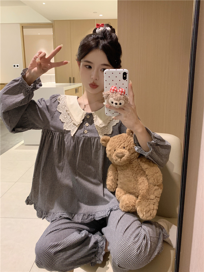 實拍韓版甜美小清新娃娃領寬鬆棉麻寬鬆細格春秋家居套裝睡裙