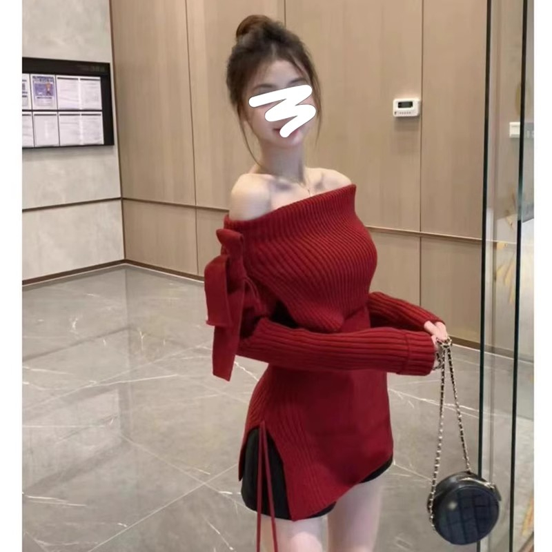 聖誕款穿搭紅色一字肩蝴蝶結針織衫女秋冬季修身露肩氣質套頭毛衣