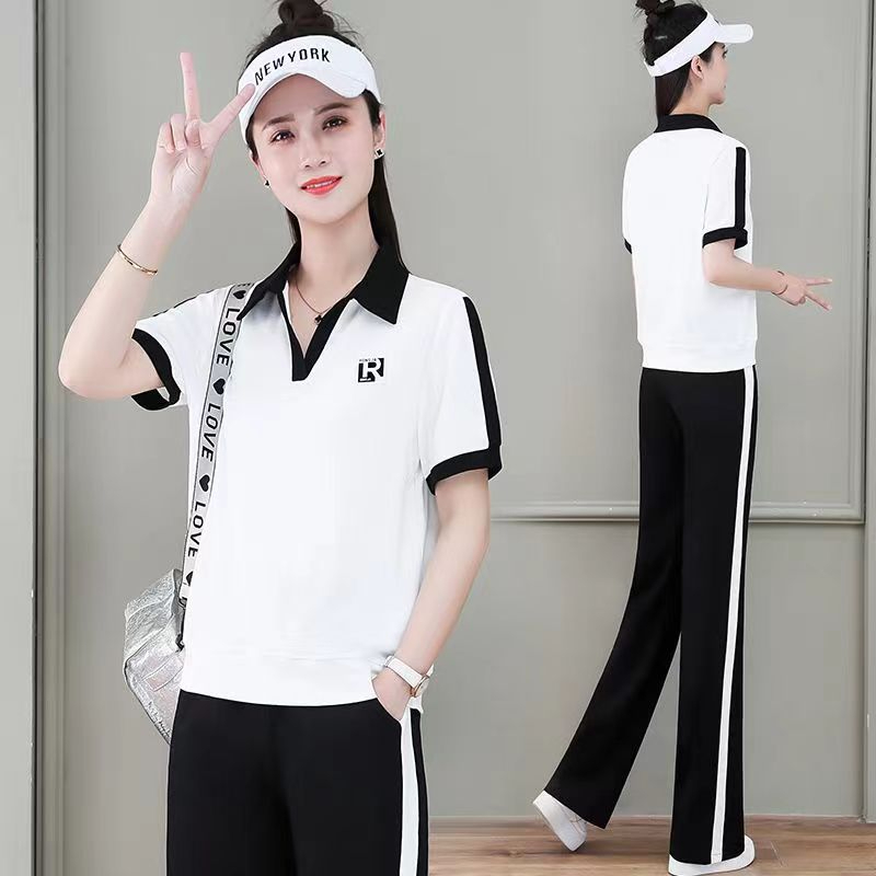大碼運動套裝女夏季薄款2023年新款女時尚洋氣短袖翻領潮牌兩件套