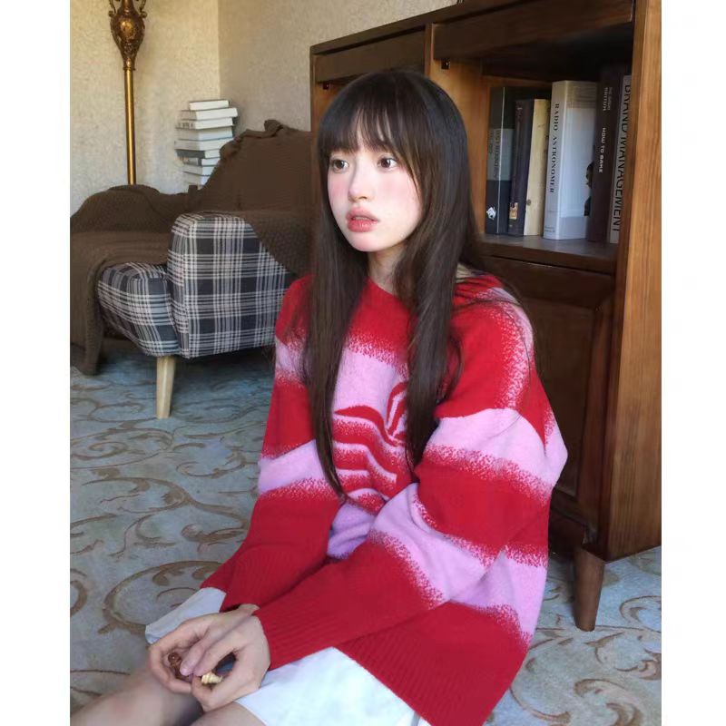 草莓奶糖毛衣2024年春季新款寬鬆毛針織衫新年紅氛圍感聖誕毛衣女