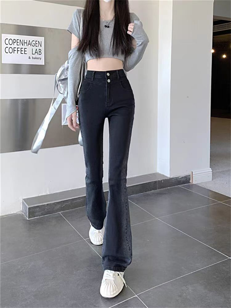 2024年春秋新款美式復古設計感微喇叭牛仔褲女褶皺修身工裝長褲潮