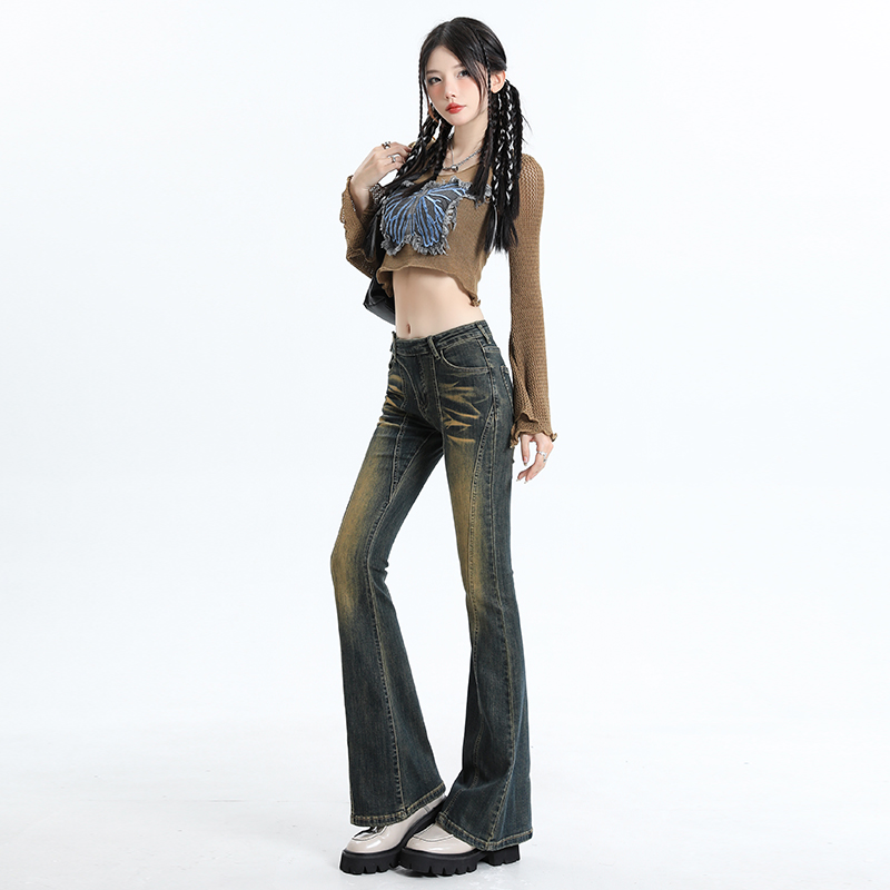 實拍~昨夜星辰+YKK 2024美式辣妹復古設計感修身顯瘦喇叭褲