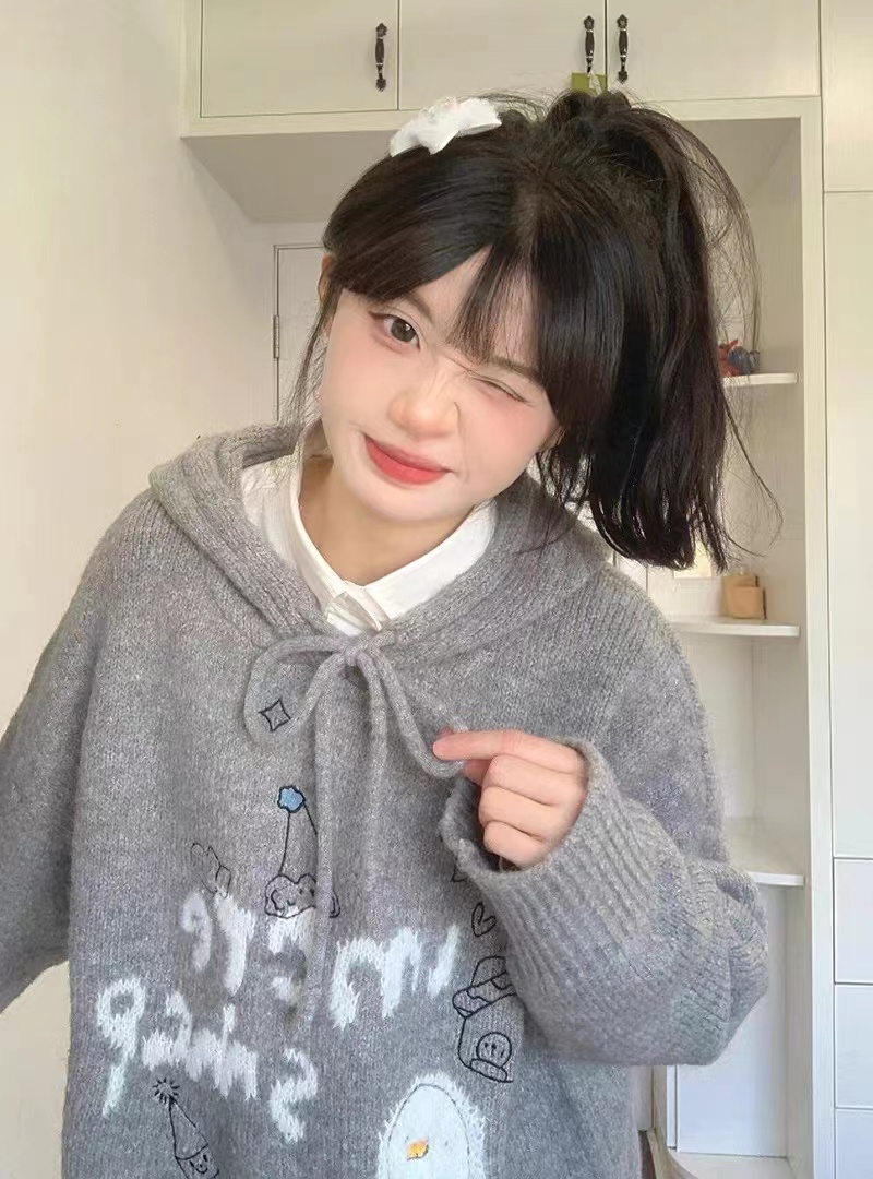 國潮牌hiphop灰色卡通連帽軟糯毛衣女秋冬寬鬆慵懶百搭針織上衣潮