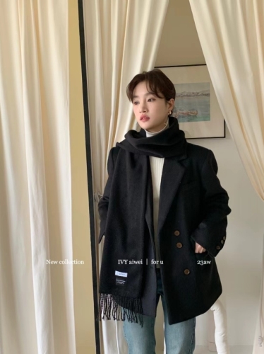 IVY high-end thickened woolen suit jacket with scarf for women winter Korean style loose woolen coat trendy