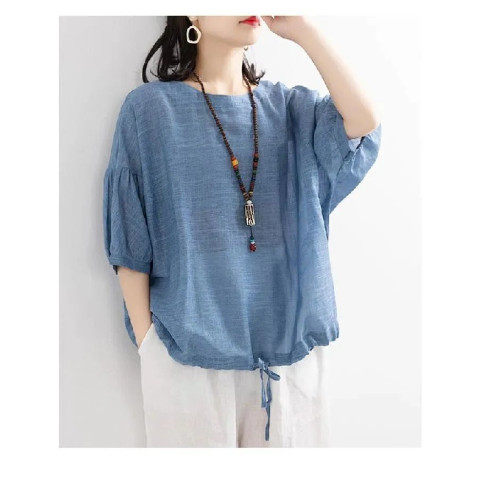 2023 loose large size casual T-shirt women's bat shirt hem drawstring round neck mid-sleeve imitation cotton and linen shirt top summer
