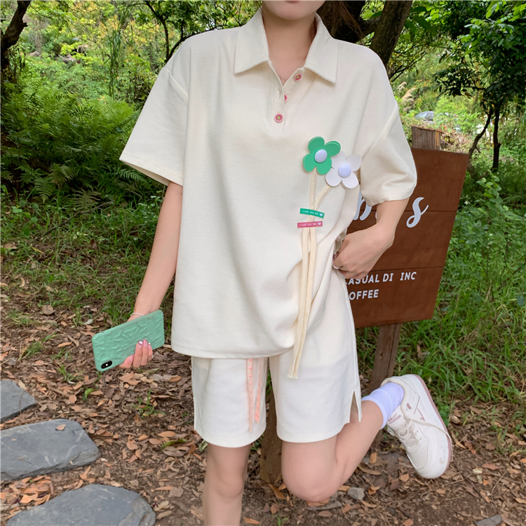 2023年新款6535棉POLO領立體花朵華夫格短袖T恤愛心短褲時尚套裝