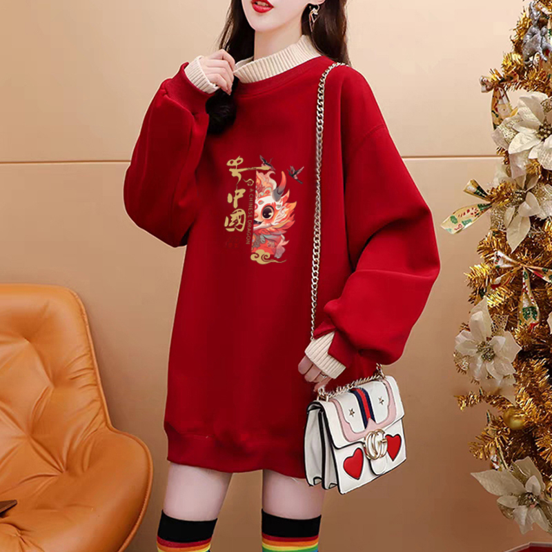Pure cotton composite super soft autumn and winter super fire dragon print fake two-piece half turtleneck plus velvet sweatshirt for women