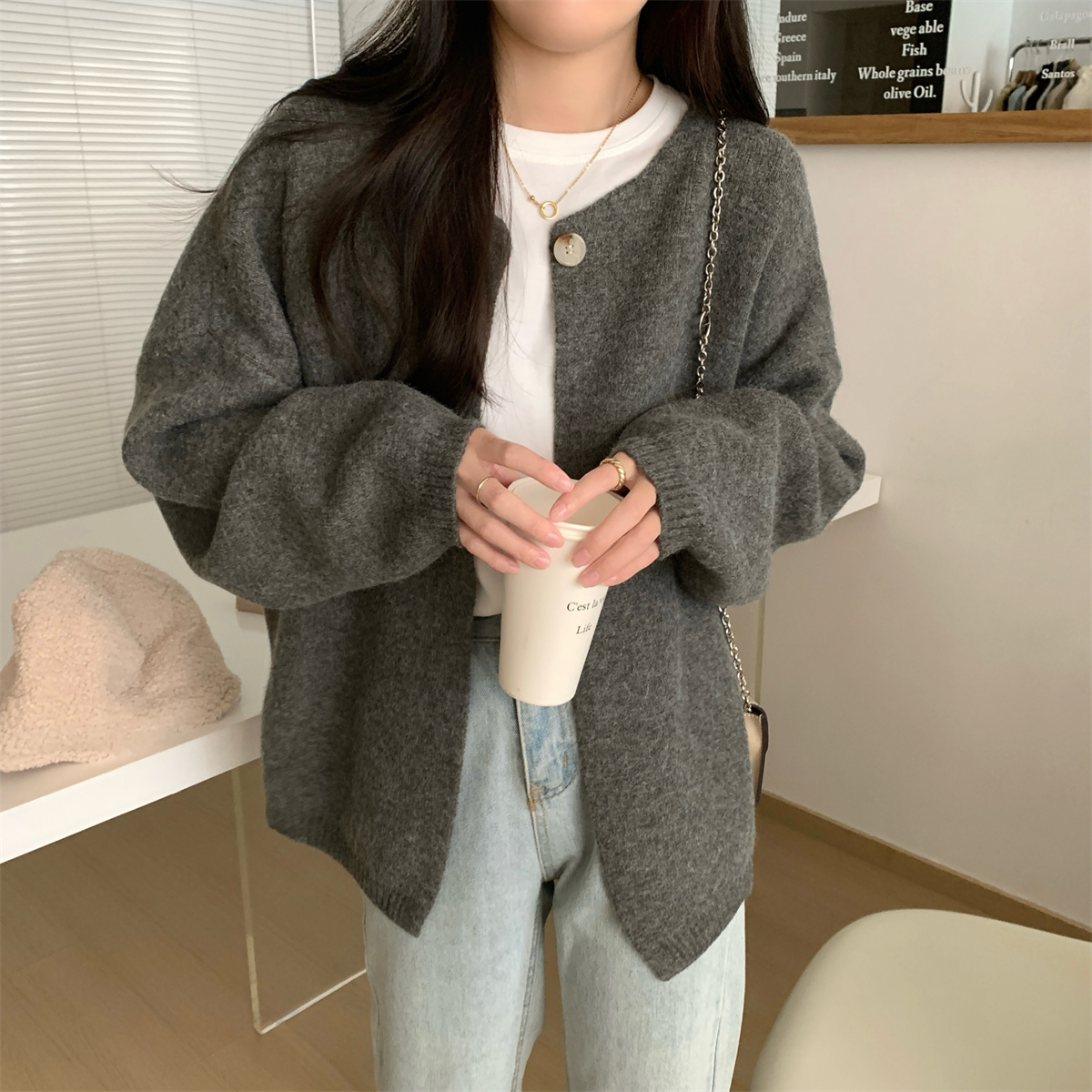 實拍 秋冬韓版寬鬆一粒扣氣質開衫北極絨加厚針織毛衣外套女