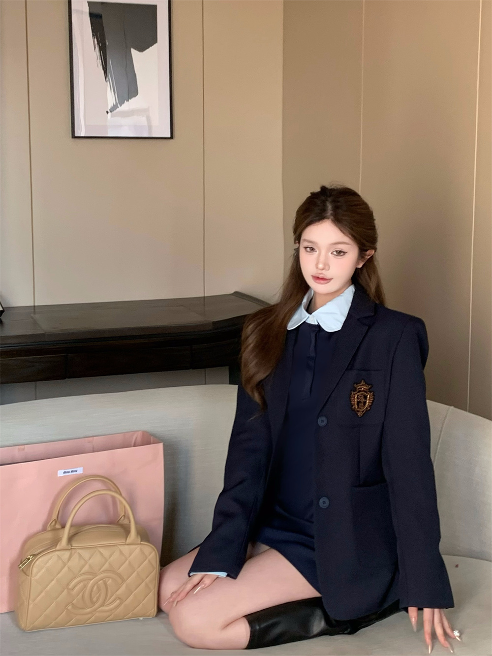 實拍單排扣西裝秋冬女收腰長袖翻領外套收腰包臀裙百搭純色連衣裙