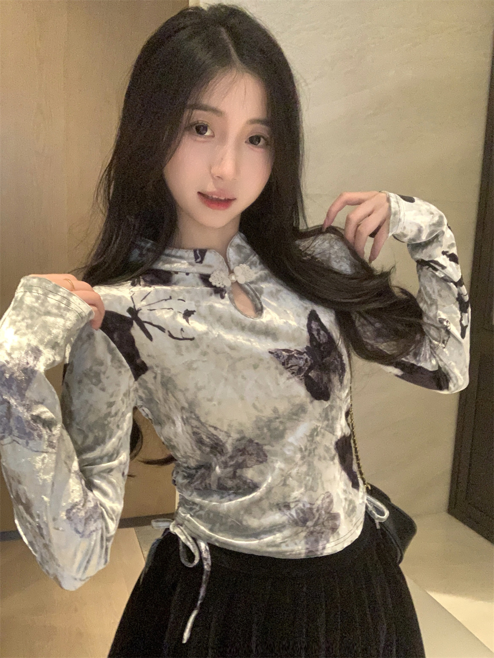 Real shot ~ New Chinese style plate button half turtleneck gold velvet long-sleeved T-shirt for women smocked slim short bottoming top