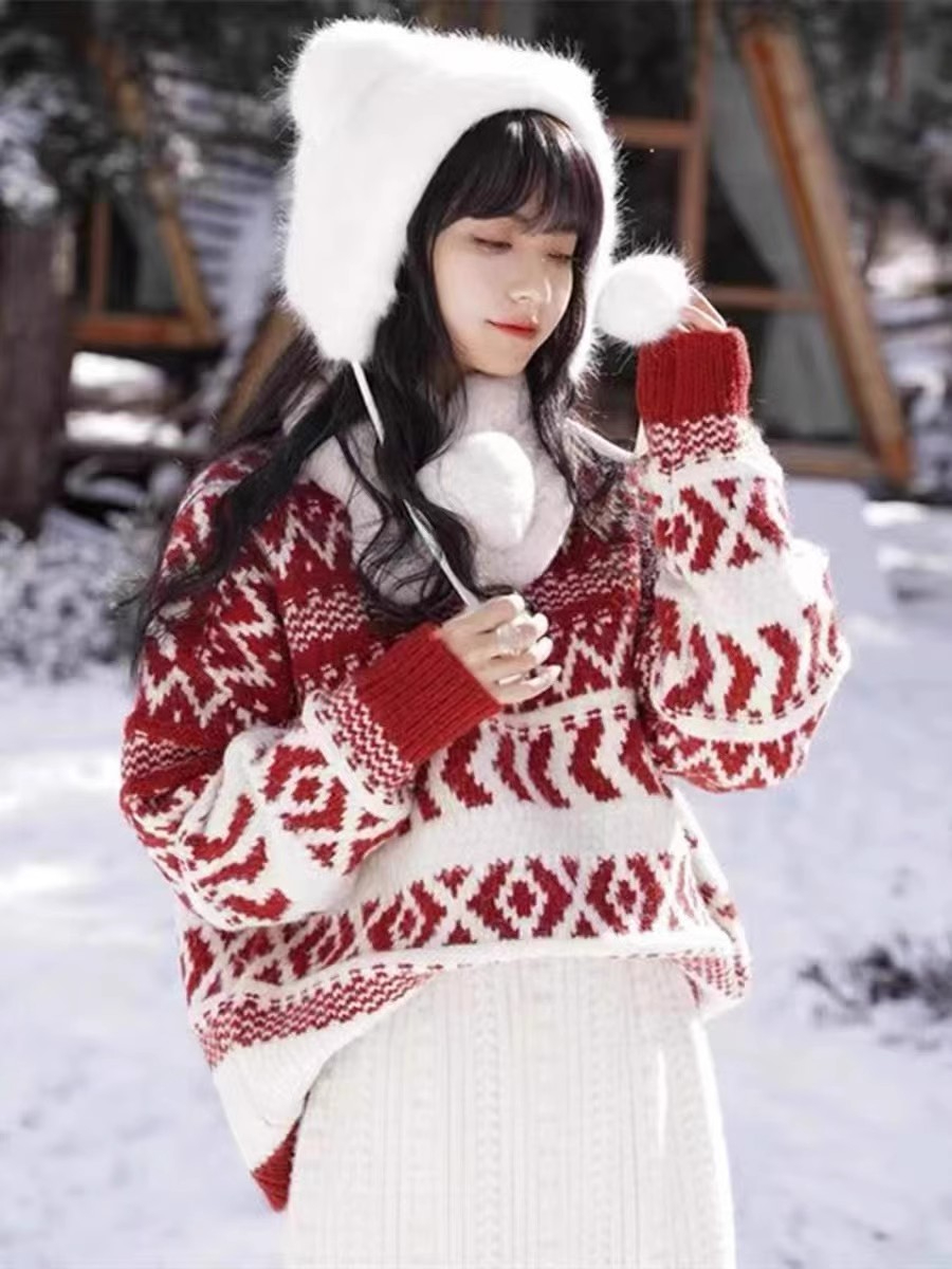 秋冬加厚紅色聖誕洋氣小個子毛衣女復古寬鬆外穿慵懶風內搭針織衫