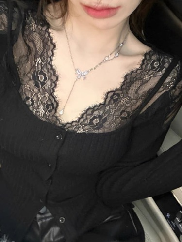 Lace-Panelled Short Knitted Cardigan for Women: Autumn/Winter Slim-Fit Long-Sleeve Layering Sweater—White, Sexy Base Top