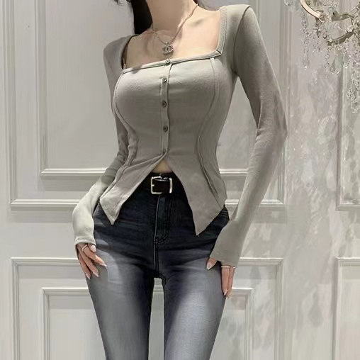 Derong hot girl square collar slim long-sleeved T-shirt autumn new slim short style niche splicing t-shirt top clothes ins