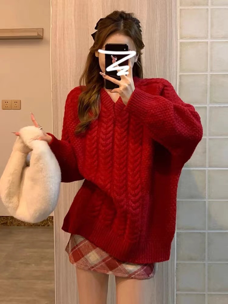 聖誕紅色v領麻花毛衣外套女冬季加厚寬鬆oversize慵懶針織衫上衣