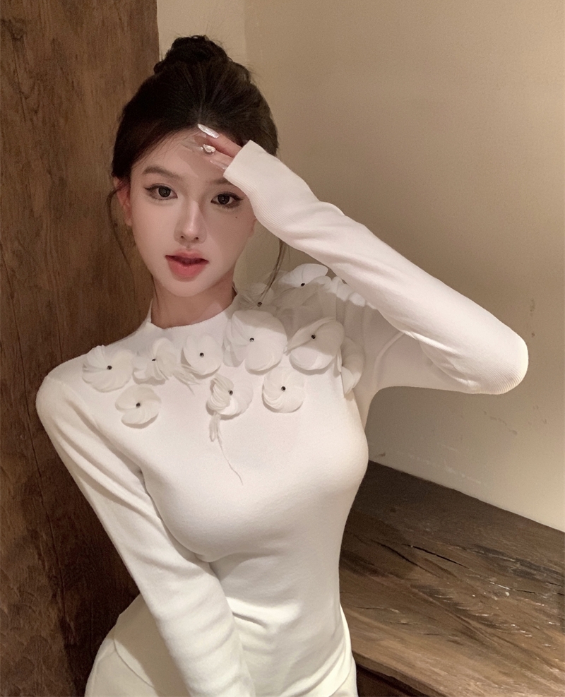 實拍 秋冬純欲玫瑰工藝手工定做花片修身顯瘦打底針織衫上衣