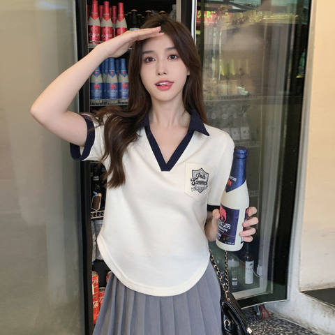 6535拉架棉polo領上衣洋氣短袖t恤女夏季學院風辣妹正肩